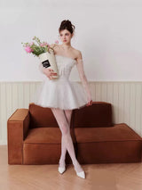 cornelia Lace mesh ribbon A-line strapless mini dress - white