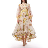 mary yellow print High-neck puff-sleeved top & full-skirted midi skirt