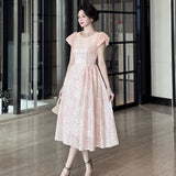 pearl neck Puff sleeve flared lace midi dress - pink