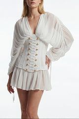 trista white V-neck mesh pleated cinched waist with belt