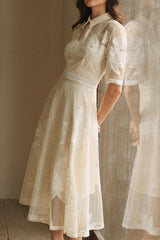 Lace Embroidered Shirt Collar Midi Dress - apricot