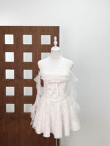 cornelia Lace mesh ribbon A-line strapless mini dress - white