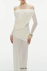 cara Off-shoulder long sleeve pleated mesh maxi dress in white