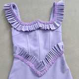 hermosa pearl embellished square neck ruffle bodycon maxi dress - purple