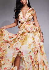 lynn floral print backless ruffle hem maxi dress