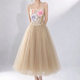 3D floral camisole top & tulle skirt set -  champagne
