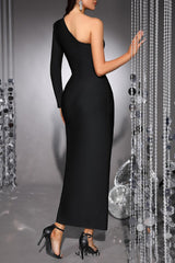 elsa one shoulder rhinestone appliqué bandage midi dress in black