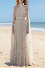 white Nail Bead Mesh maxi Dress