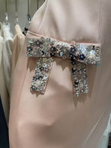 kelly rhinestone bow satin strappy mini dress in pink