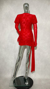Dariel Floral Jacquard Cutout Draped Mini Dress - Red