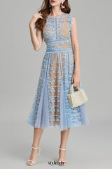 phoenix 3d Embroidered lace mesh midi dress in blue