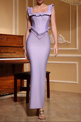 hermosa pearl embellished square neck ruffle bodycon maxi dress - purple
