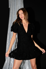 black sequin lace fitted flared mini dress