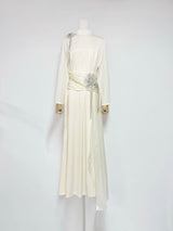 crystal flower Long-sleeve lace pleated maxi dress in apricot