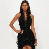 marina ruffle trim halter bodycon mini dress - black