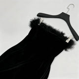 samantha feather velvet strapless mini dress in black