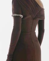 maud One-shoulder pleated high-slit maxi dress - brown