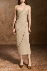 angela Asymmetrical Off Shoulder Midi Dress in Khaki