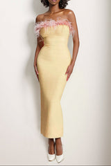 yellow midi bandage dress with off-shoulder feather embellishments