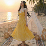 lace halter-neck 3d flower maxi dress - Yellow