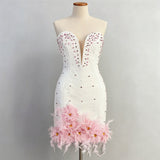 Tube Top deep V-neck pearl bodycon mini dress in pink
