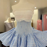 stephanie plaid strapless puffy mini dress - blue