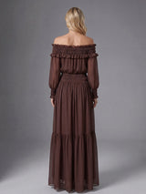 tiffany brown Off-shoulder long sleeve maxi dress with ruched trim