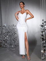 anila 3d floral halter high slit maxi dress in white