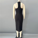 beatrice flower rhinestone feather halter Midi Dress in Black