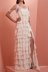white nail bead layered lotus leaf slit maxi dress