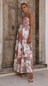 penelope Botanic Pink Print Eyelet Maxi Dress