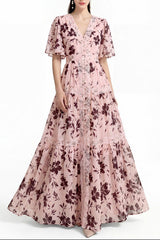 ashley V-neck lace trim printed maxi dress - pink