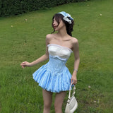 stephanie plaid strapless puffy mini dress - blue