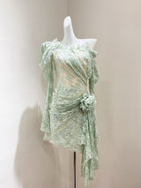 joanna 3d flower Lace hollow Asymmetrical mini Dress in green