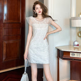 diana pearl detail sequin mini dress in white