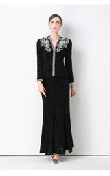 georgia Beaded V-neck lace top & fishtail skirt set - black
