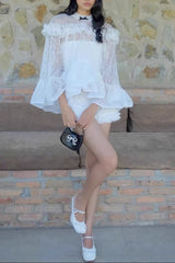vanessa white Floral Lace Ruffled Top & Shorts Set