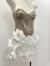 kelly sequin 3d flower patchwork mini dress - champagne & white