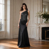 black One-shoulder silver thread top satin maxi skirt two-piece set