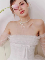 cornelia Lace mesh ribbon A-line strapless mini dress - white