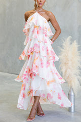 Floral Ruffle Halter Neck Midi Dress - pink
