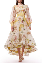 mary yellow print High-neck puff-sleeved top & full-skirted midi skirt