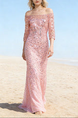 pink one-line neck nail bead sequin mesh long dress