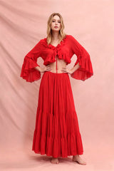 Ruffle cardigan crop top & maxi skirt set - red