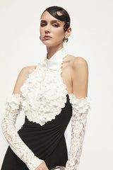 jenny Halter-neck 3d flower embroidery backless maxi dress - black