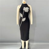 beatrice flower rhinestone feather halter Midi Dress in Black
