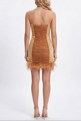 anna rhinestone embellished feather strapless mini dress in pale brown