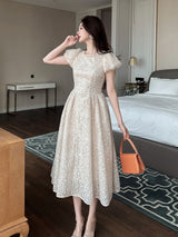 pearl neck Puff sleeve flared lace maxi dress - apricot