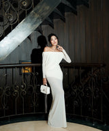 cara Off-shoulder long sleeve pleated mesh maxi dress in white