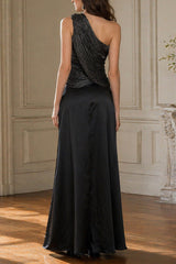 black One-shoulder silver thread top satin maxi skirt two-piece set